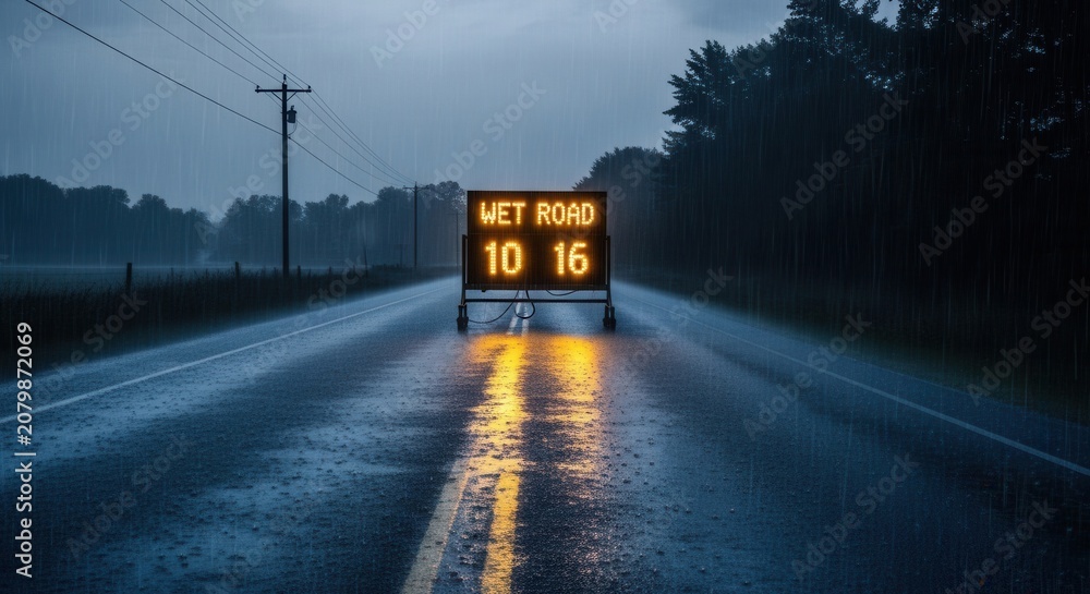 Obraz premium Warning Sign on Wet Asphalt Road Illuminated by Amber Lights Under a Cloudy Sky