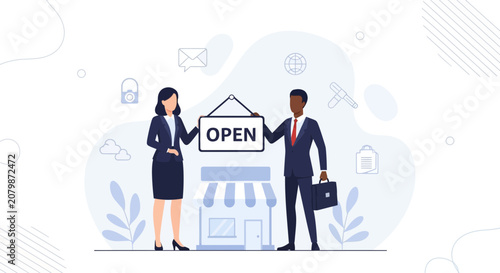 Business Opening: Diverse Professionals Display 'Open' Sign Outside Storefront