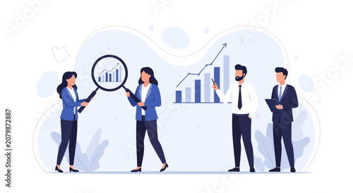 Business Team Analyzing Growth Charts with Magnifying Glass and Presentation