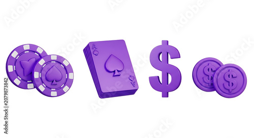 Purple playing cards poker chips and dollar signs arranged on transparent background sign currency ace spade hearts