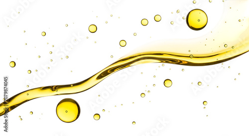 Golden liquid splash with dispersed droplets and swirling form on transparent background fluid yellow bubbles swirl flow
