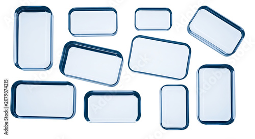 Rectangular glass plates with blue rims on transparent background dishware tableware containers vessels edges isolated studio lighting