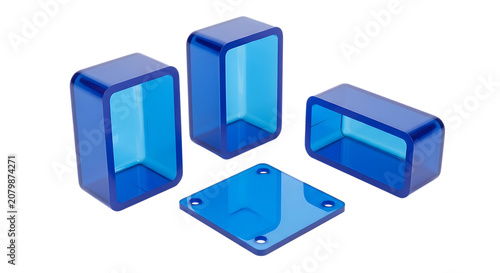 Blue plastic rectangular tubes and a flat plate with holes on transparent background cyan geometric shapes hollow