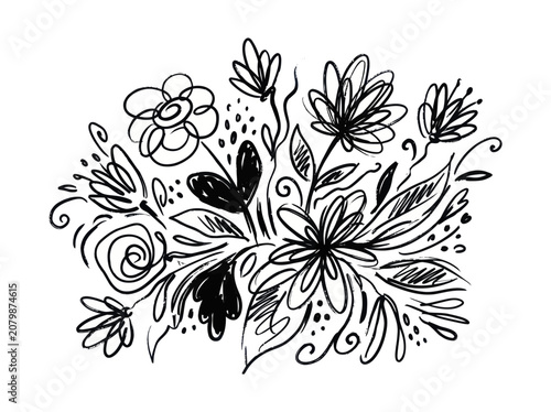Hand-drawn floral bouquet sketch in black and white.