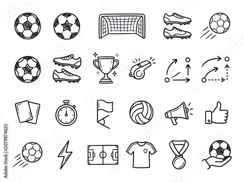 Hand-drawn doodle style soccer and football icons set.