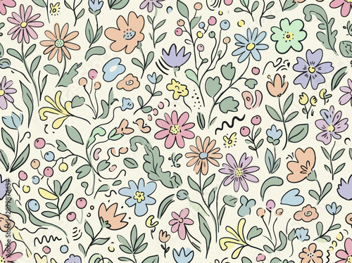 Hand-drawn floral pattern with delicate pastel flowers and leaves.
