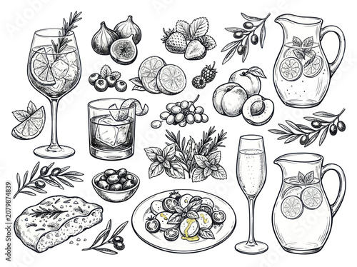 Hand-drawn sketch collection of refreshing drinks, fresh fruits, and gourmet food items, perfect for summer menus and healthy lifestyle themes.
