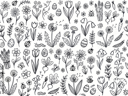 Hand-drawn spring doodles with flowers, insects, and garden vegetables.