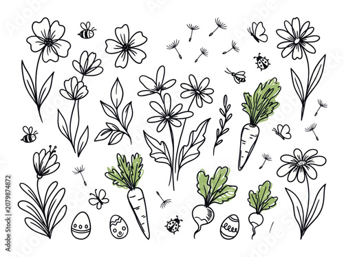 Hand-drawn spring elements with flowers, carrots, radishes, and Easter eggs.