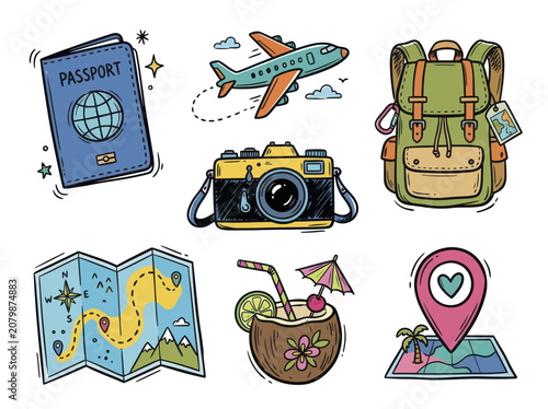 Hand-drawn travel essentials collection with passport, airplane, backpack, camera, map, cocktail, and location pin.