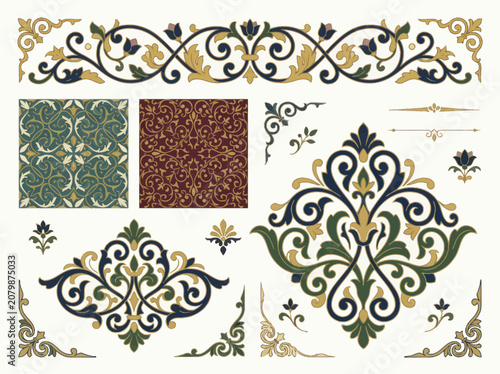 Intricate collection of ornate floral and geometric decorative elements.