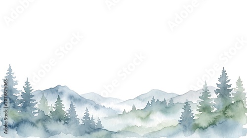 Watercolor Blue Mountain Landscape Border Design Element