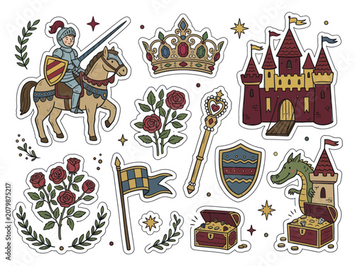 Medieval fairytale stickers with knight, castle, crown, and dragon.