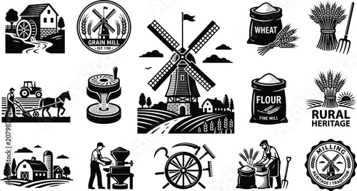 Fotografie Traditional windmill and flour milling agriculture icons set featuring black sil