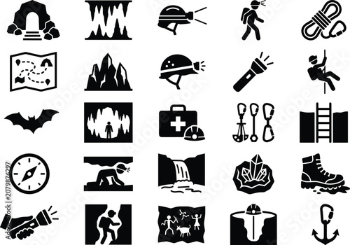 Vászonkép Caving and speleology cave exploration icons set featuring black silhouettes of