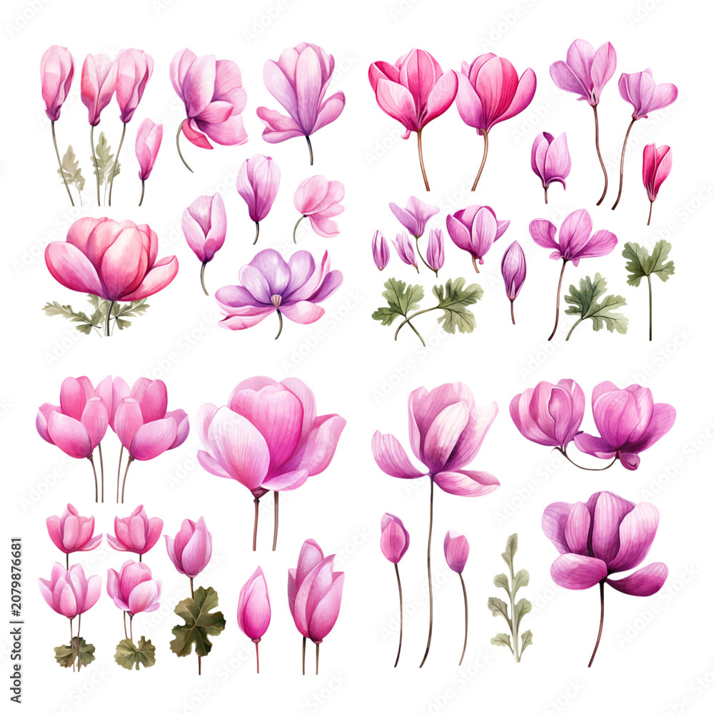 Obraz premium Watercolor Pink Magnolia Flower Collection, Elegant Floral Elements for Wedding Invitations and Romantic Design