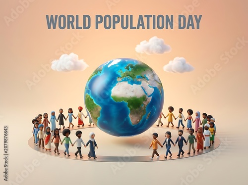 Diverse group of cartoon people holding hands around a globe celebrating world population day together