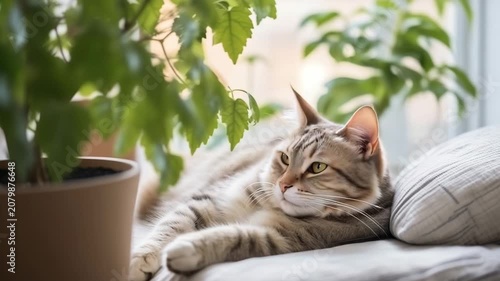 Sleepy feline. A gray striped cat lies on the windowsill. Domestic cat pet sleeping on the gray bed in modern scandinavian interior of room with many green house plants. Cozy home concept.
