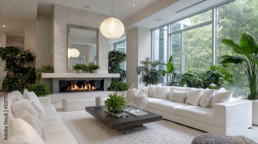 Fototapeta premium Modern luxury living room with white sofas, contemporary fireplace and warm glowing flames, elegant ceiling lighting, large floor to ceiling windows overlooking lush green plants, sophisticated interi