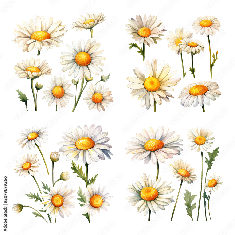 Fototapeta premium Beautiful Hand-Painted Watercolor Daisy Flower Set Isolated on White Background for Floral Design