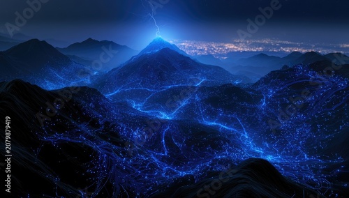 Electrifying mountain peak crackles with energy, illuminating valleys