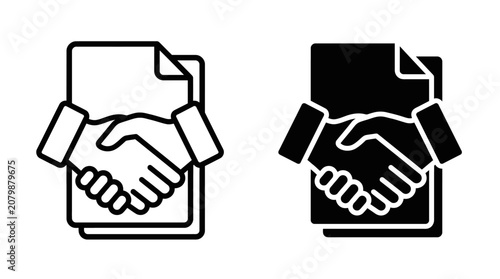 Cuadro en lienzo Black and white handshake icons representing agreement and partnership