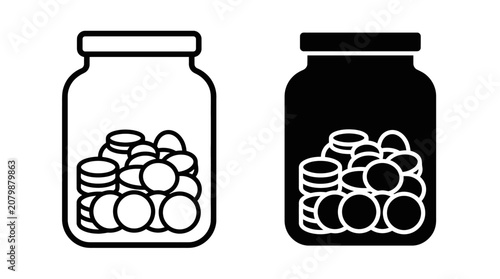 Fotografie Illustration of two jars filled with coins in black and white.