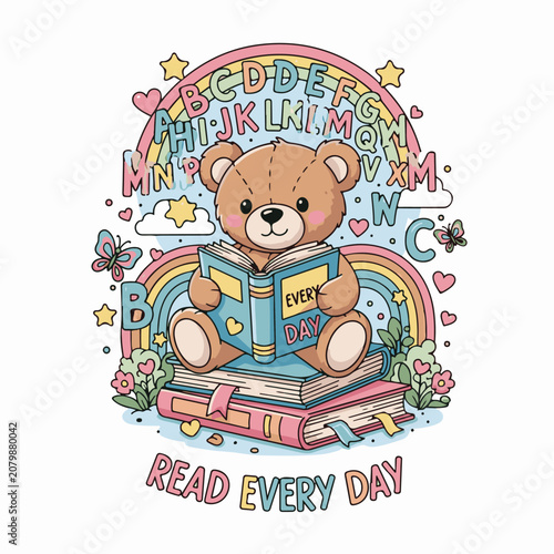 Cute Teddy Bear Reading Book Education Kids Nursery Art Print Rainbow Alphabet Illustration
