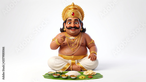 Traditional Maveli 3D Character with Golden Crown and Mundu  