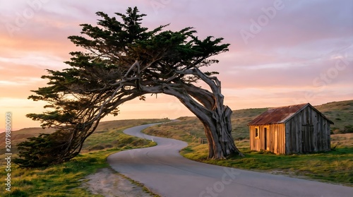 Winding hillside road with leaning tree and rustic shack at sunset