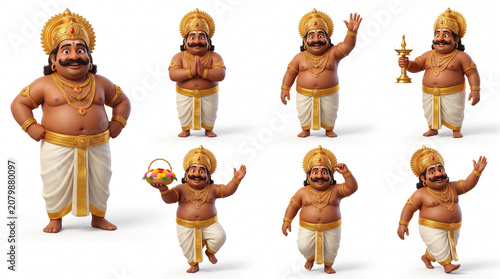 Traditional Maveli 3D Character with Golden Crown and Mundu  