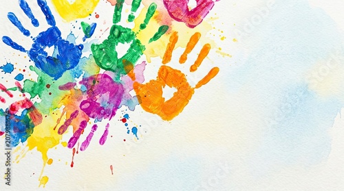Two children's hands are covered in colorful paint splatters. The hands are arranged in a dynamic, overlapping pattern, creating a vibrant and playful composition.