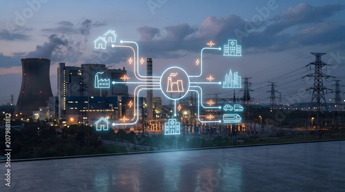 Smart energy grid concept with power plant, transmission network and connected city infrastructure