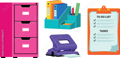 Cuadro en lienzo Office Organization and Stationery Vector Set with Pink Filing Cabinet Desk Orga