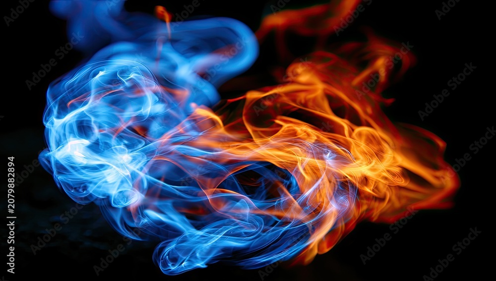 Fototapeta premium Wisps of blue and orange flame dance in a swirling, ethereal display against darkness