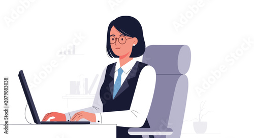 A professional woman with glasses and short hair sits at her desk in a modern office, diligently working on her laptop computer.