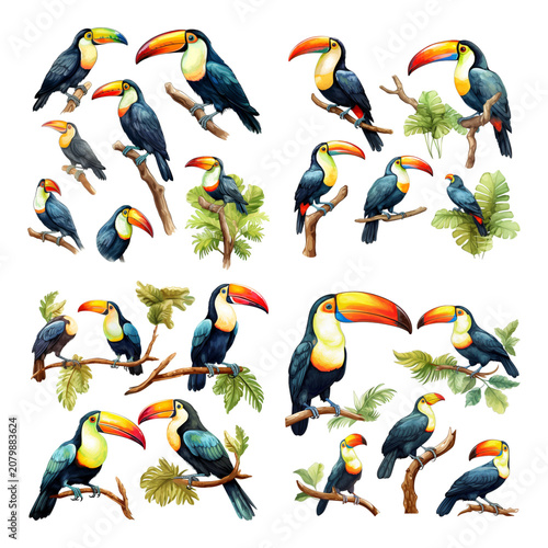 Watercolor Collection of Colorful Tropical Toucans Perched on Exotic Branches with Lush Foliage