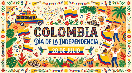 Vibrant celebration poster showcasing colombian independence day festivities with music _El Grito de Independencia _ July twentieth
