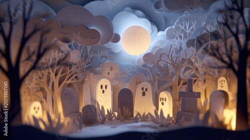 Halloween papercraft scene with ghosts and graves