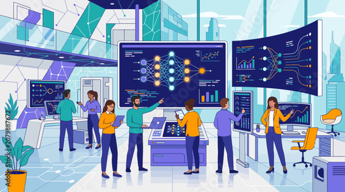 Flat design vector illustration of an AI startup team developing machine learning models in a modern innovation lab. Artificial intelligence, data analytics, and collaborative technology concept.