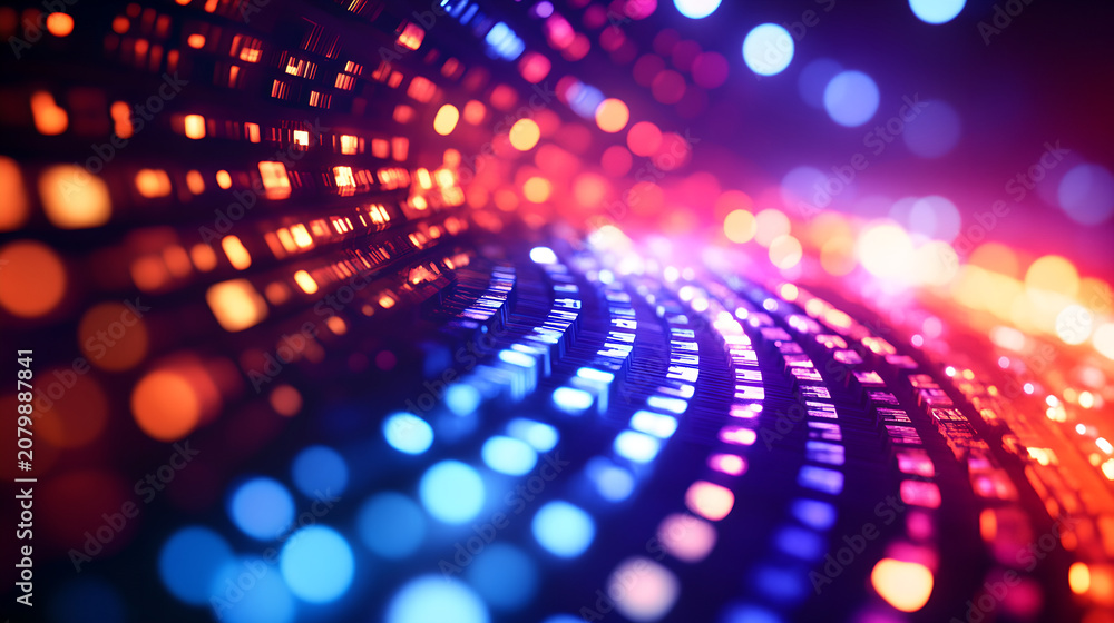 Fototapeta premium Abstract digital background with glowing blue and orange light particles in a curved motion