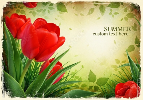 Vibrant Red Tulips Bloom in Sunlit Spring Meadow: A Textured Illustration of Nature's Joy