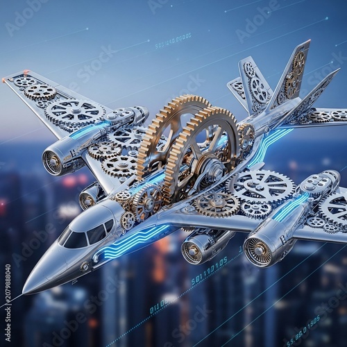 Steampunk Jet Soars: Intricate Gears, Golden Accents, Electric Glow, Cityscape Depth.