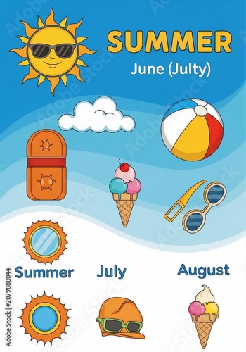 Bright Cartoon Summer Icons: Sun, Ice Cream, Beach Ball, Sunglasses, Sunscreen - Joyful June-August Vibes