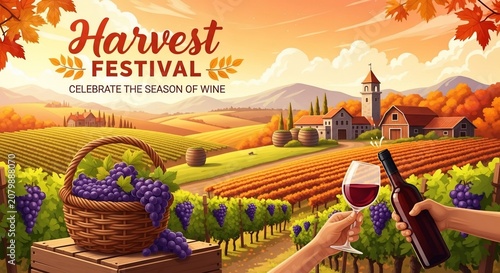 Autumn Vineyard Toast: Vibrant illustration of grape harvest, rolling hills, and celebratory wine.