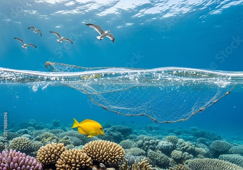 Ocean's Silent Plea: A lone fish swims beneath a ghost net, seagulls soar above. Vibrant coral contrasts with a tragic moment.