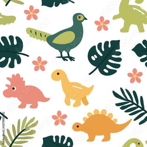 Colorful Dinosaurs and Tropical Foliage Seamless Pattern