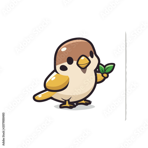 Cute cartoon bird holding a green leaf