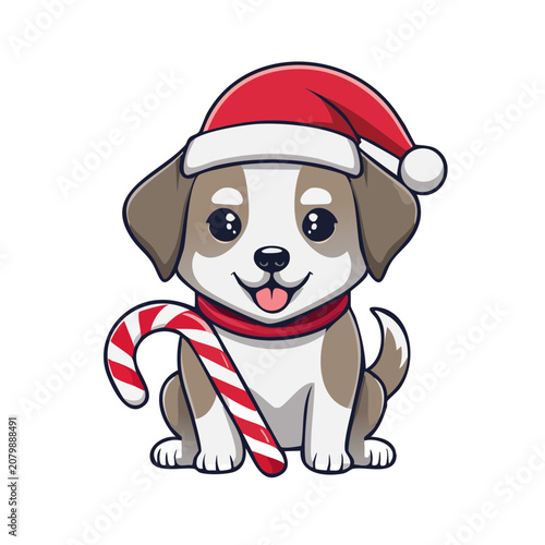 Cute cartoon puppy with Santa hat and candy cane