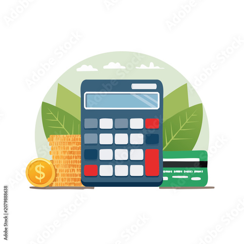 Flat vector illustration of calculator with money and credit card